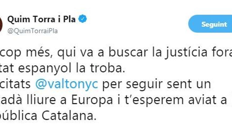 Torra sobre Valtònyc: «Un cop més, qui va a buscar la justícia fora de l&#039;Estat espanyol, la troba»