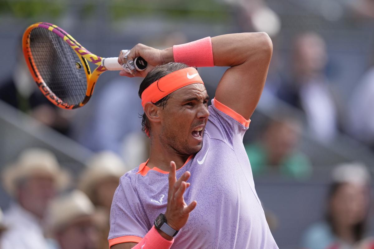 Rafael Nadal, en el partido de tercera ronda del Mutua Madrid Open ante Cachín.