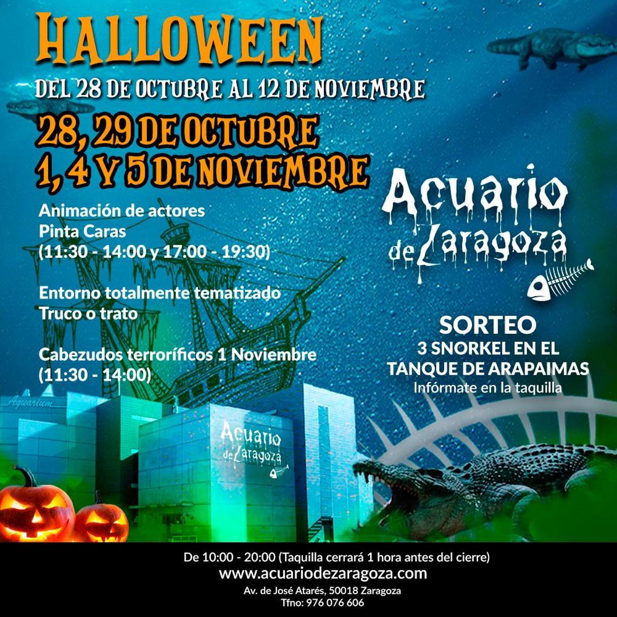 Cartel informativo de las actividades del Acuario de Zaragoza en Halloween