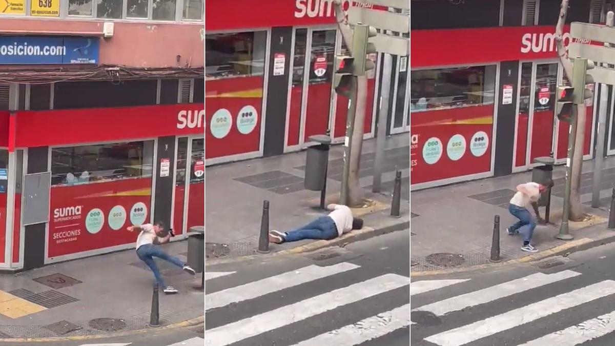 Las capturas del video que graba la absurda batalla de un hombre contra una papelera en Las Palmas de Gran Canaria.