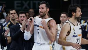 Rudy Fernández celebra junto a sus compañeros la victoria del MAdrid ante el UCAM Murcia.