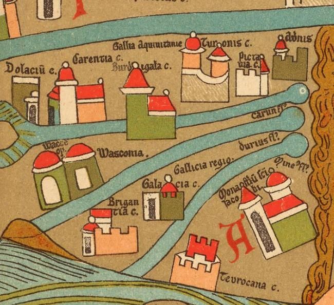 Detalle del mapamundi de Ebstorf, que incluye topónimos como “Galacia” y “Brigantia”.