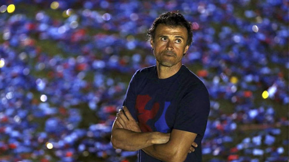 Luis Enrique, en un momento de la fiesta del triplete en el Camp Nou