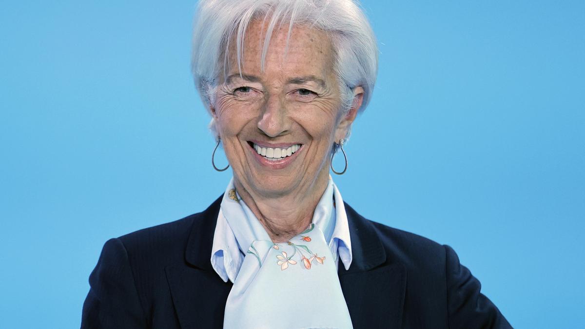 La presidenta del BCE, Lagarde, durante la rueda de prensa posterior al consejo de gobierno