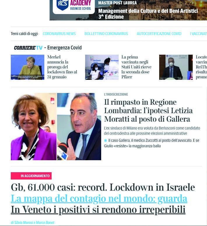 Corriere. El Corriere della Sera también se hace eco del confinamiento de Israel y del nuevo récord de Reino Unido.