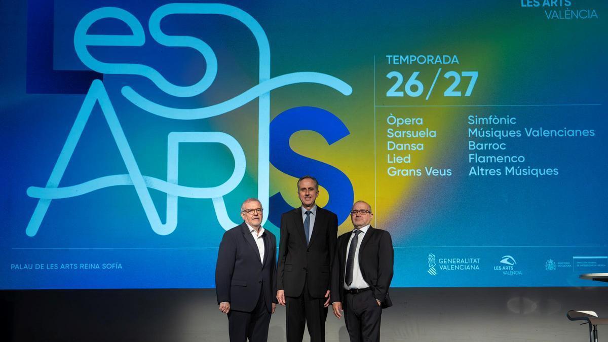 Jorge Culla (gerente de Les Arts), Pablo Font de Mora (presidente del Patronato) y Jesús Iglesias (director de Les Arts), en una imagen de hace unas semanas.