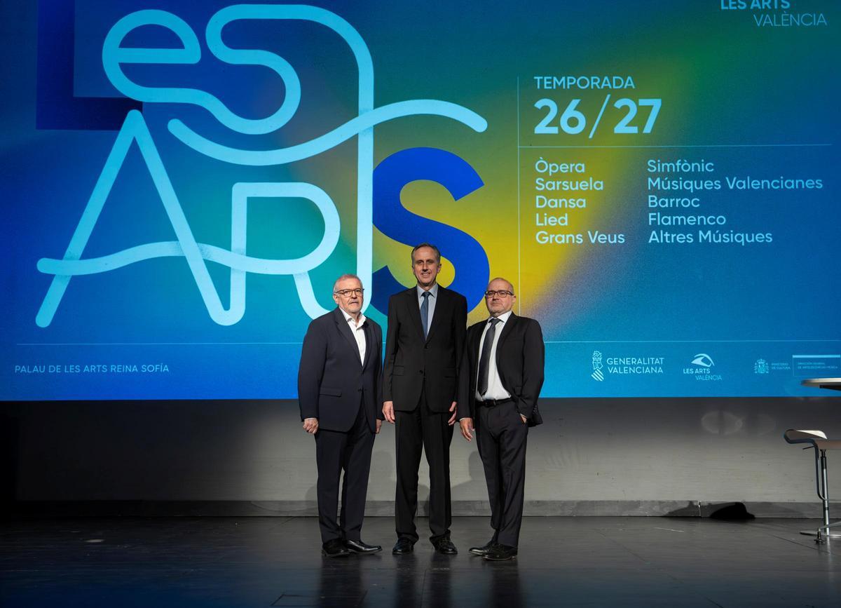 Jorge Culla (gerente de Les Arts), Pablo Font de Mora (presidente del Patronato) y Jesús Iglesias (director de Les Arts).