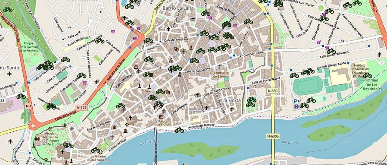 Mapa de aparcamiento de bicicletas de la ciudad recogido en Línea Zamora.