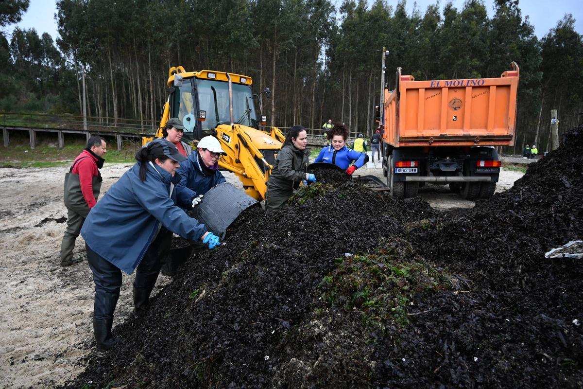 Mariscadores recogiendo la porquería que cubre sus bancos.