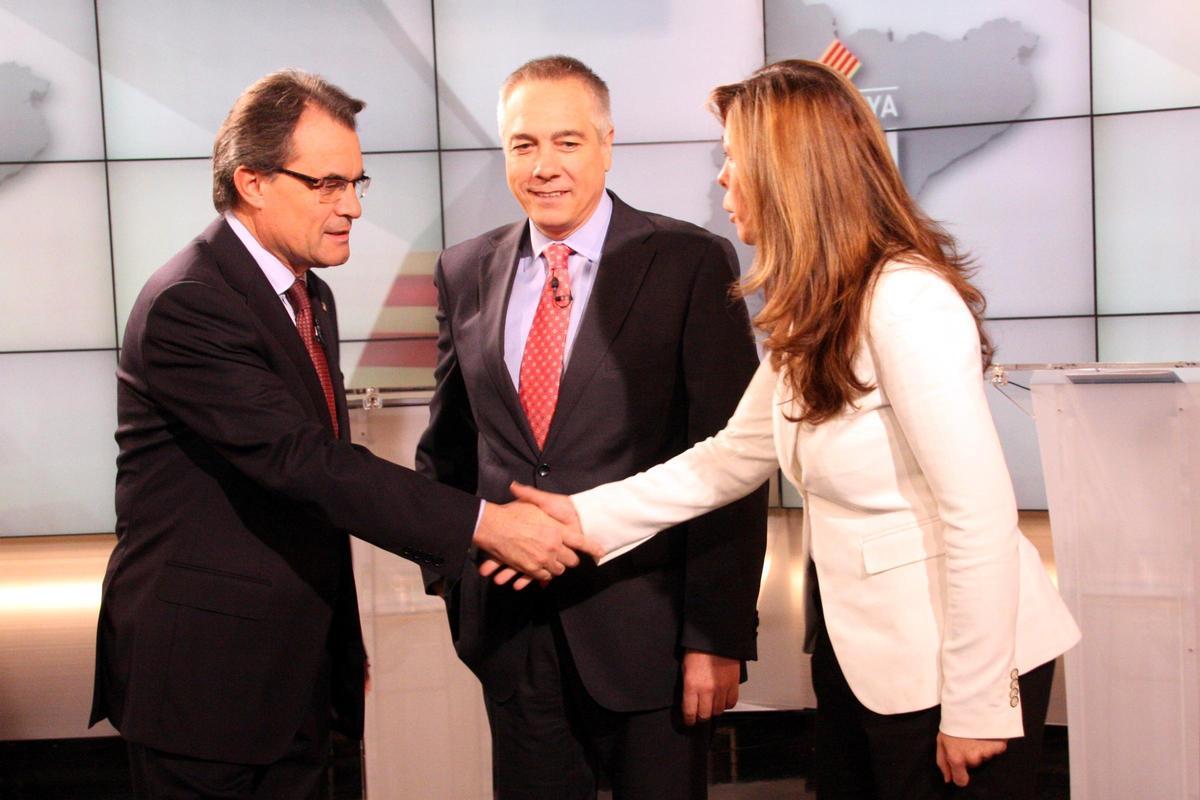 Artur Mas, Pere Navarro y Alícia Sánchez Camacho en el debate a tres de 2012.