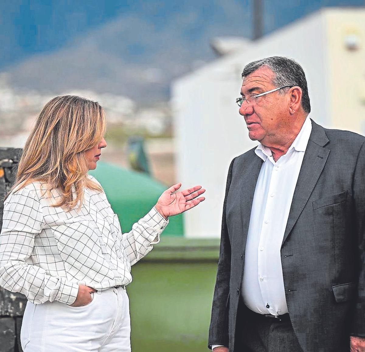 La presidenta del Cabildo de Tenerife, Rosa Dávila, charla con el representantes de los empresarios de la zona.