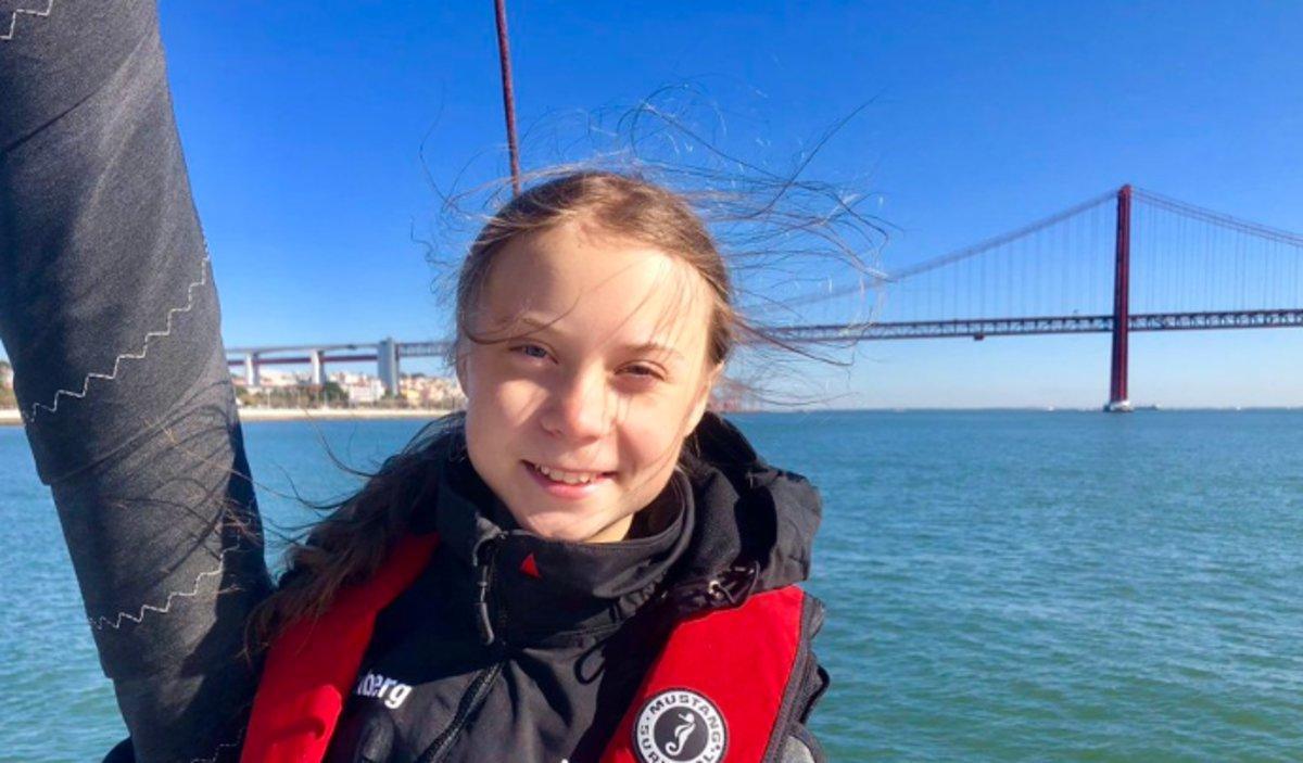 Greta Thunberg a su llegada a Lisboa.