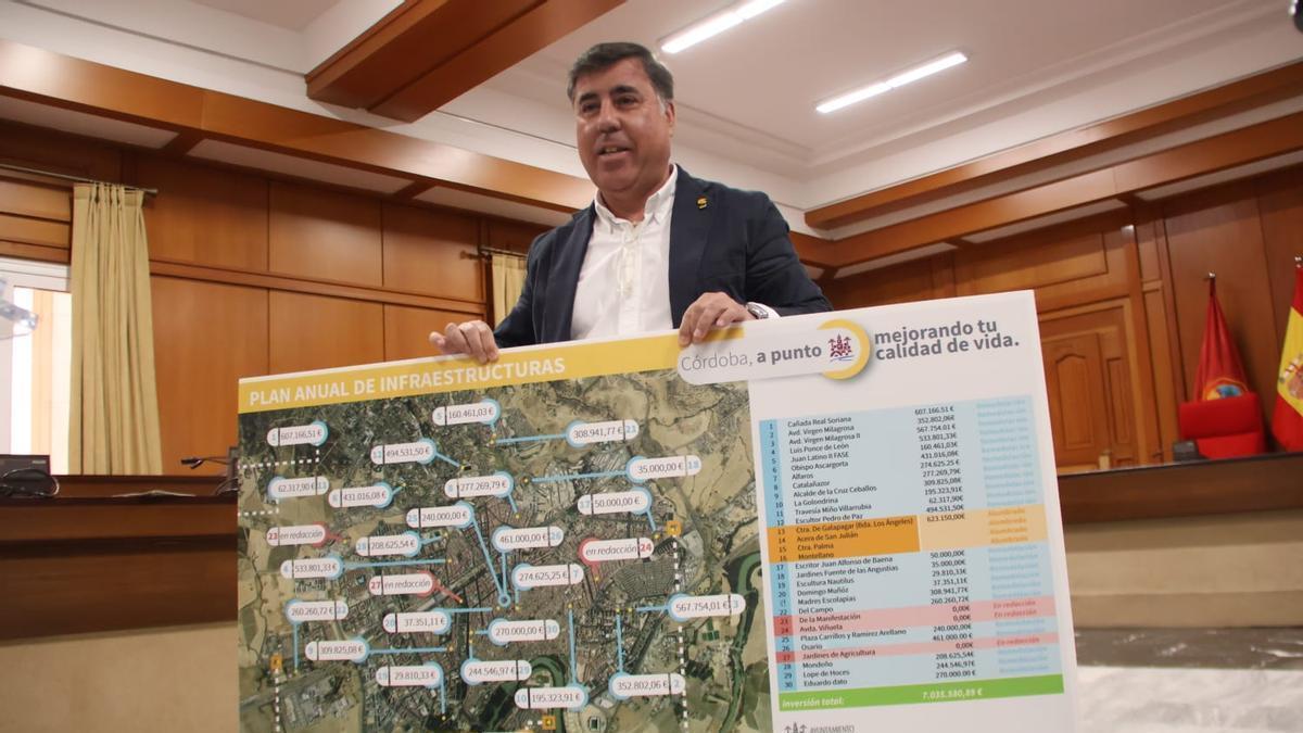 Miguel Ruiz Madruga muestra el cartel con las obras previstas de Infraestructuras para este año.