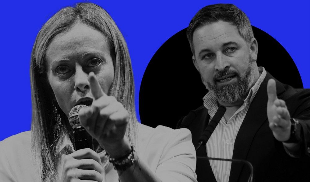 Giorgia Meloni, líder de Hermanos de Italia, y Santiago Abascal, líder de VOX