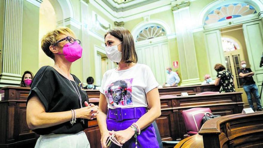 Elena Máñez (izquierda) charla ayer en el Parlamento con la también socialista Nira Fierro.