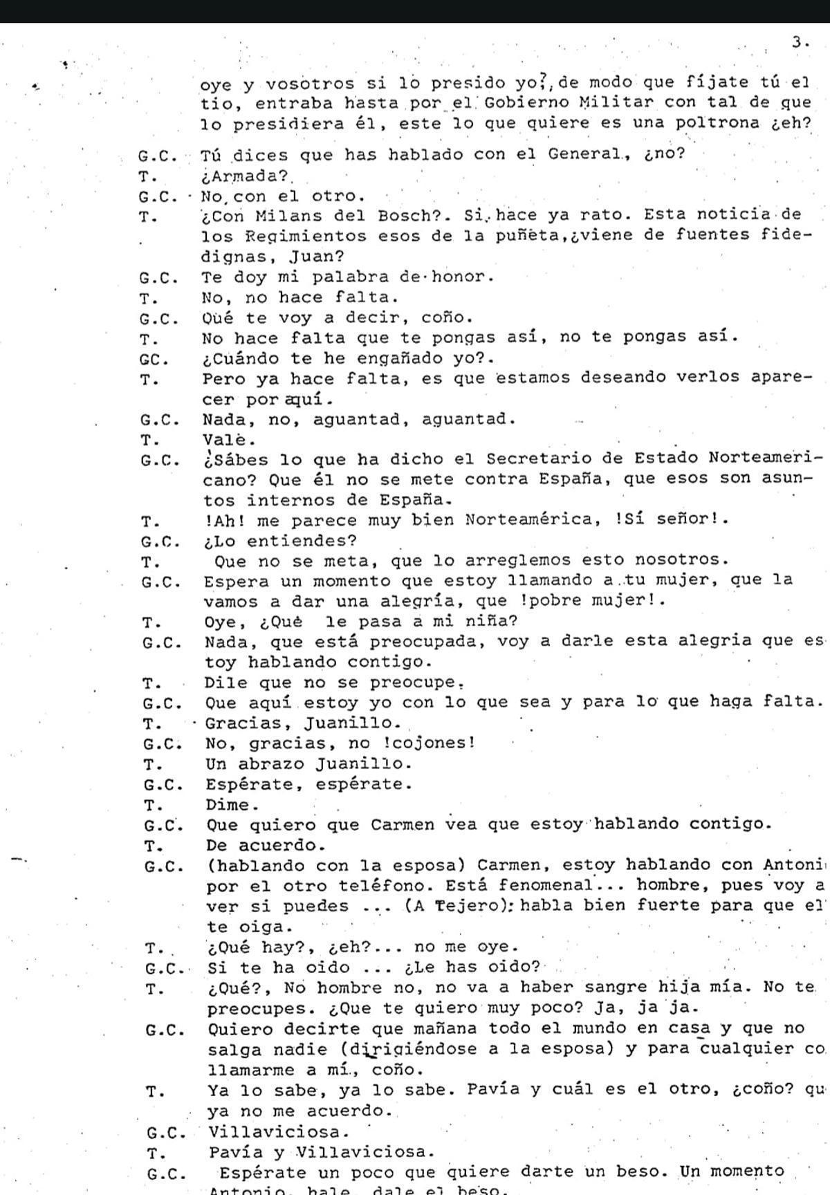 Trascripció de la conversa de Tejero sobre Armada.