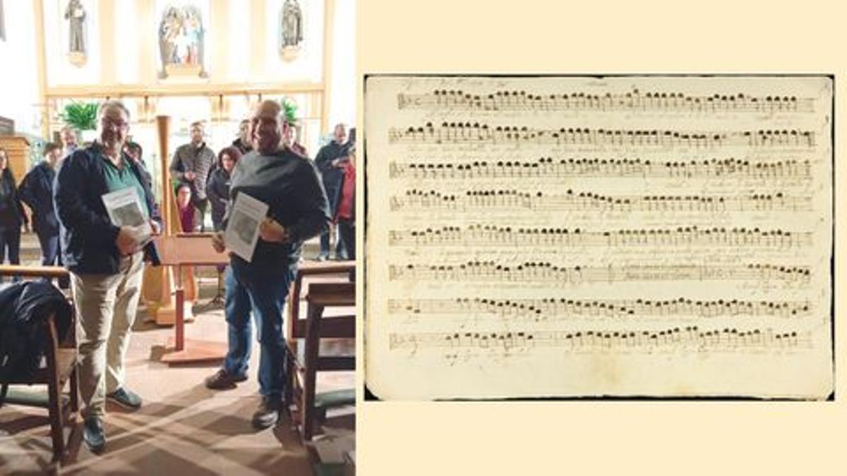 El director de orquesta, Miguel Ángel Martínez Montés, y el compositor y arpista, Marcos Ripoll posan con la partitura de José Pradas Gallén.