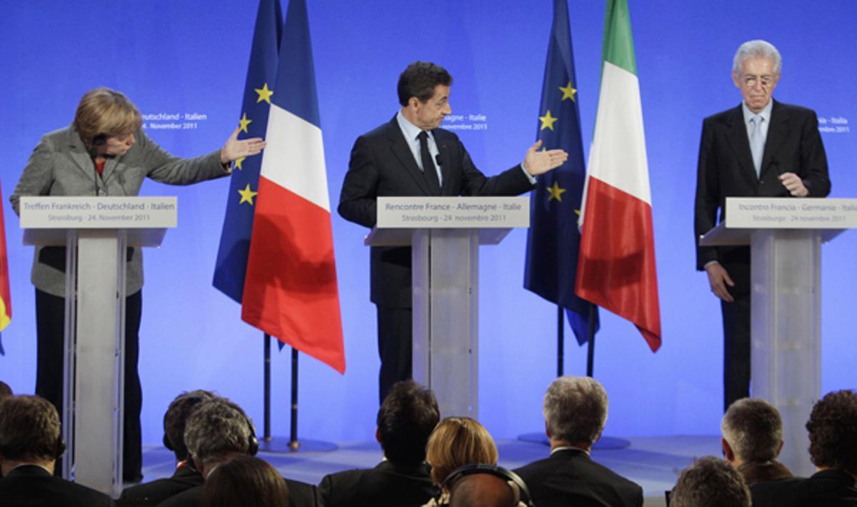 La cimera celebrada a Estrasburg ha reunit Nicolas Sarkozy i Angela Merkel amb el nou primer ministre italià, Mario Monti.