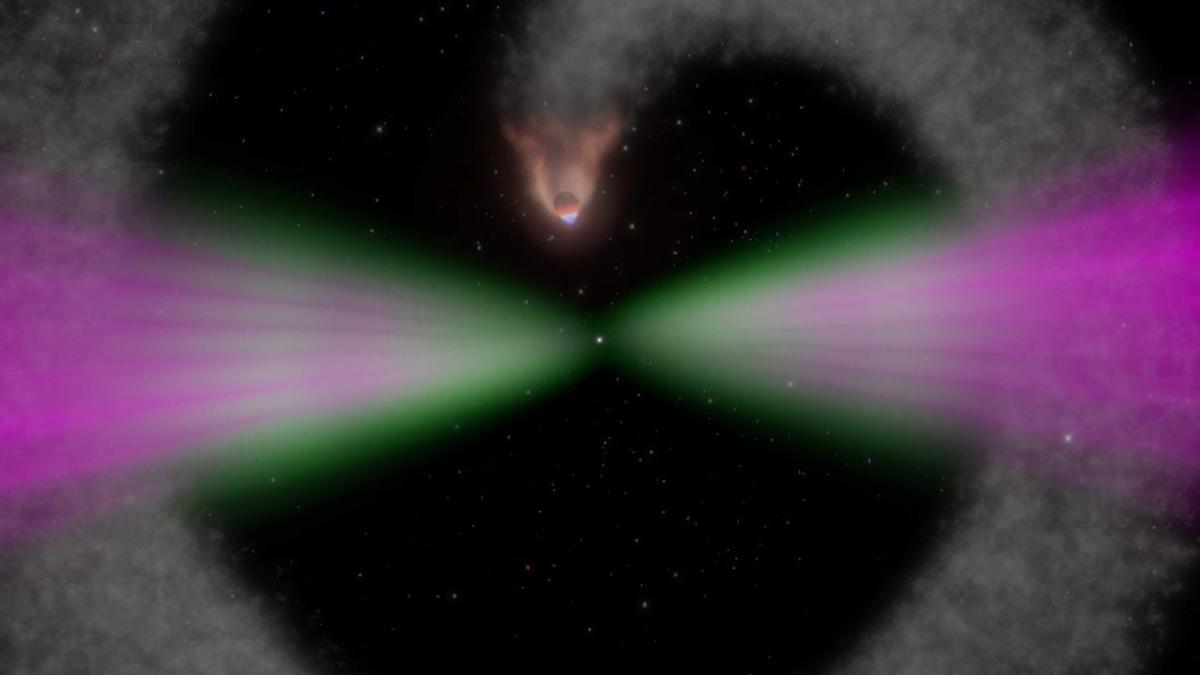 Dibujo artístico de una Araña, donde se muestra el púlsar (punto blanco) con sus dos focos de luz (uno por cada polo magnético) y la estrella compañera siendo irradiada y evaporada. Crédito: NASA&#039;s Goddard Space Flight Center