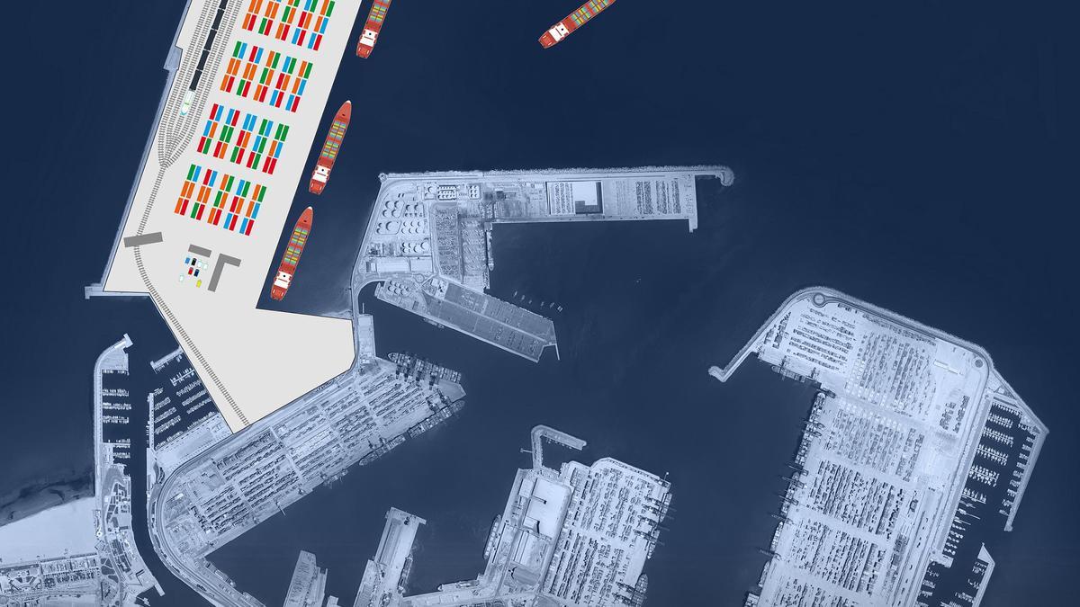 Figuración de la nueva terminal de contenedores en la ampliación norte del puerto.