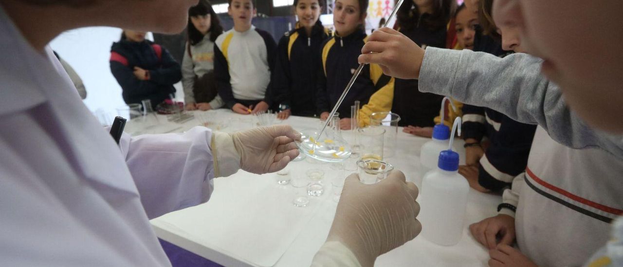 Una científica muestra su trabajo a un grupo de estudiantes.