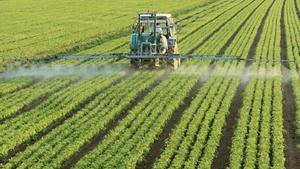 Tractor aplicando pesticidas en un cultivo