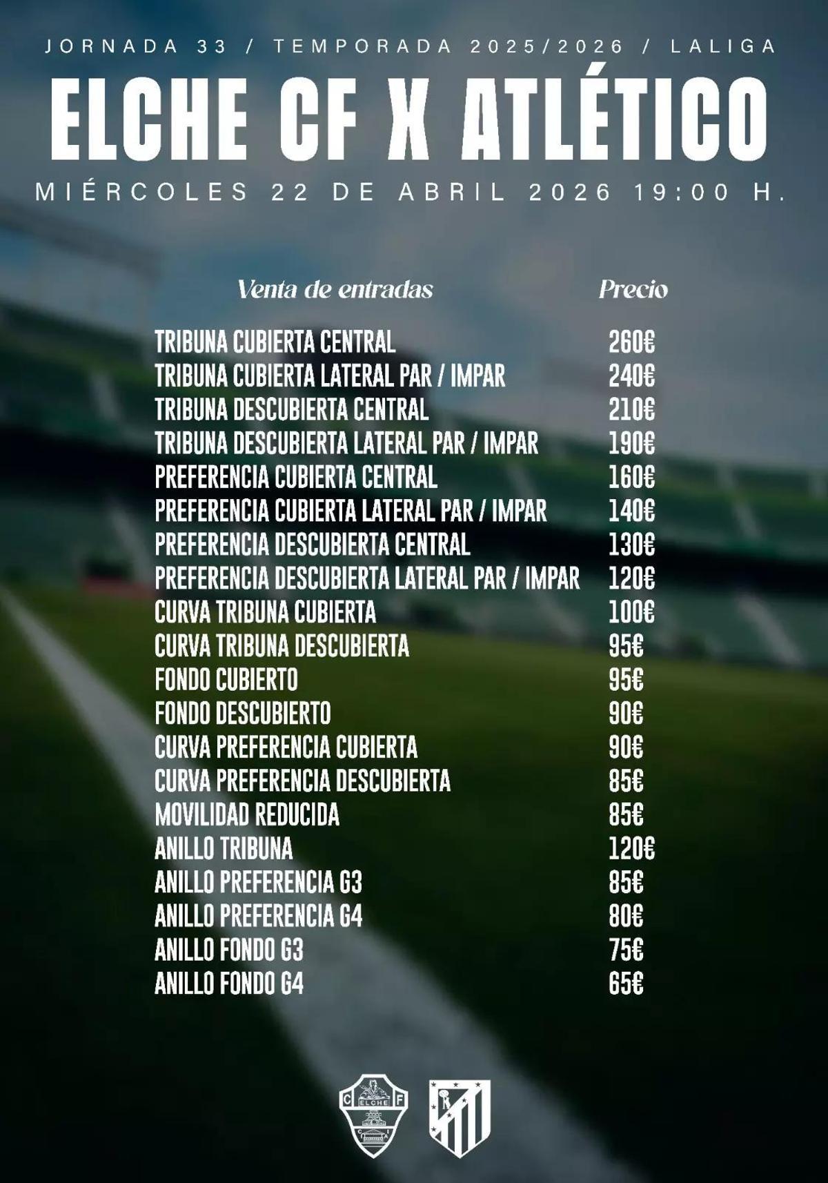 Cartel de las entradas para el partido entre Elche y Atlético de Madrid.