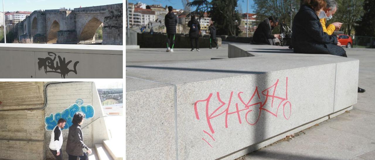 Pintadas en el entorno recién acondicionado del Puente Viejo de Ourense.