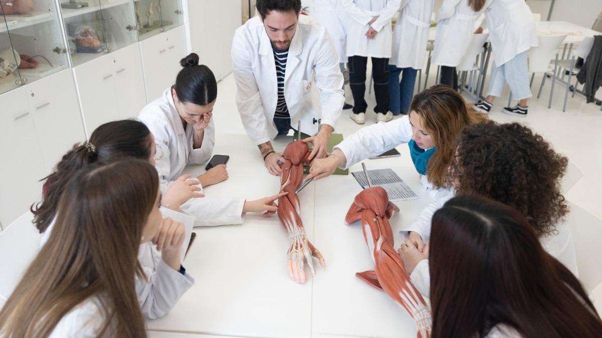 Un grupo de estudiantes en la facultad de Ciencias de la Salud de la Universidad San Jorge de Zaragoza.