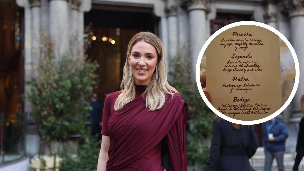 Alice Campello en la boda en Oviedo, y en el círculo, el menú del banquete