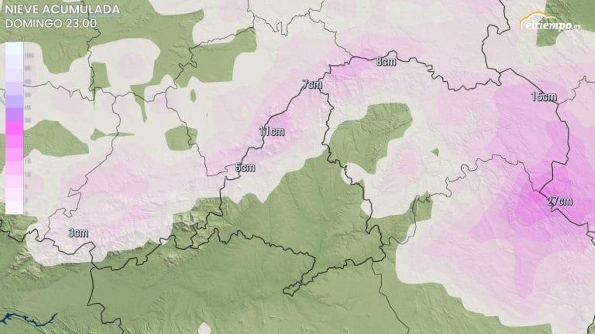Mapeado de la nieve acumulada como consecuencia de la borrasca Konrad del fin de semana.