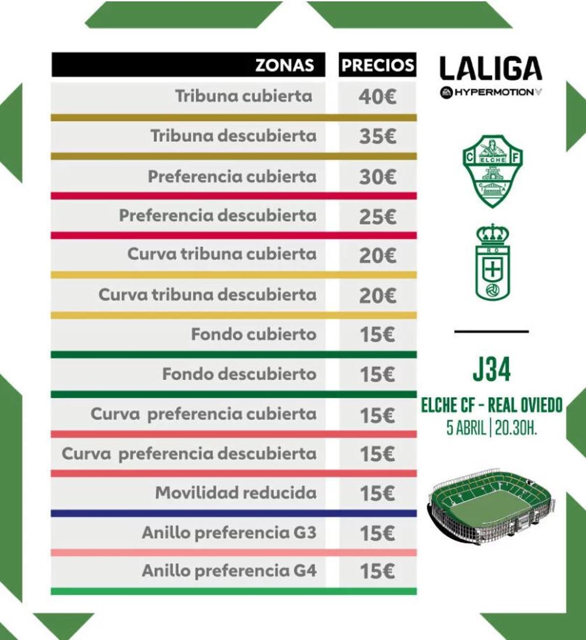 Precios de las entradas de la promoción para el Elche-Oviedo
