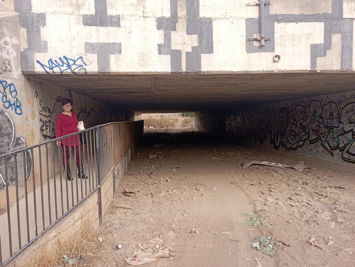 Dolores Martín, delante del túnel de acceso peatonal a El Tarajal.