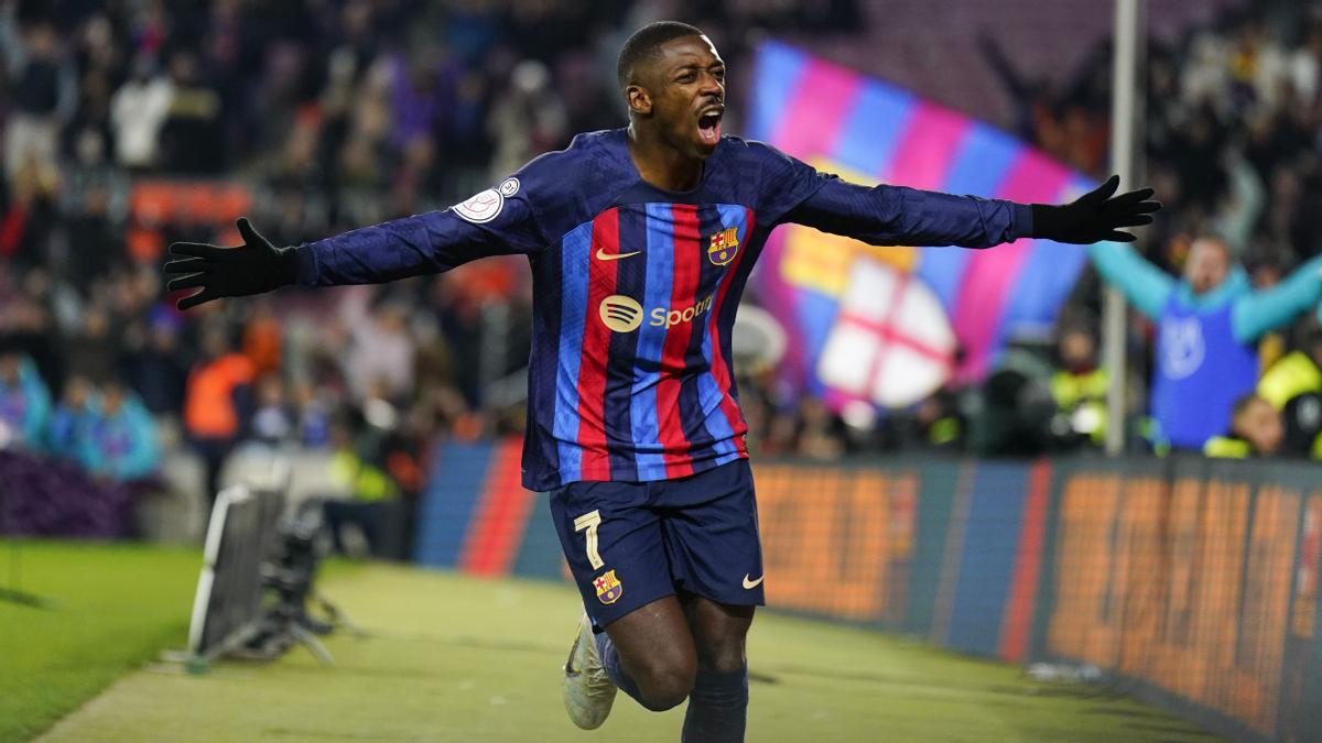 Ousmane Dembélé, cele- brant el gol. efe/siu wu BARCELONA, 25/01/2023.- El delantero francés del FC Barcelona, Ousmane Dembélé, celebra su gol durante el encuentro correspondiente a los cuartos de final de la Copa del Rey que disputan este miércoles el FC Barcelona y la Real Sociedad en el estadio del Spotify Camp Nou, de la Ciudad Condal. EFE/ Siu Wu