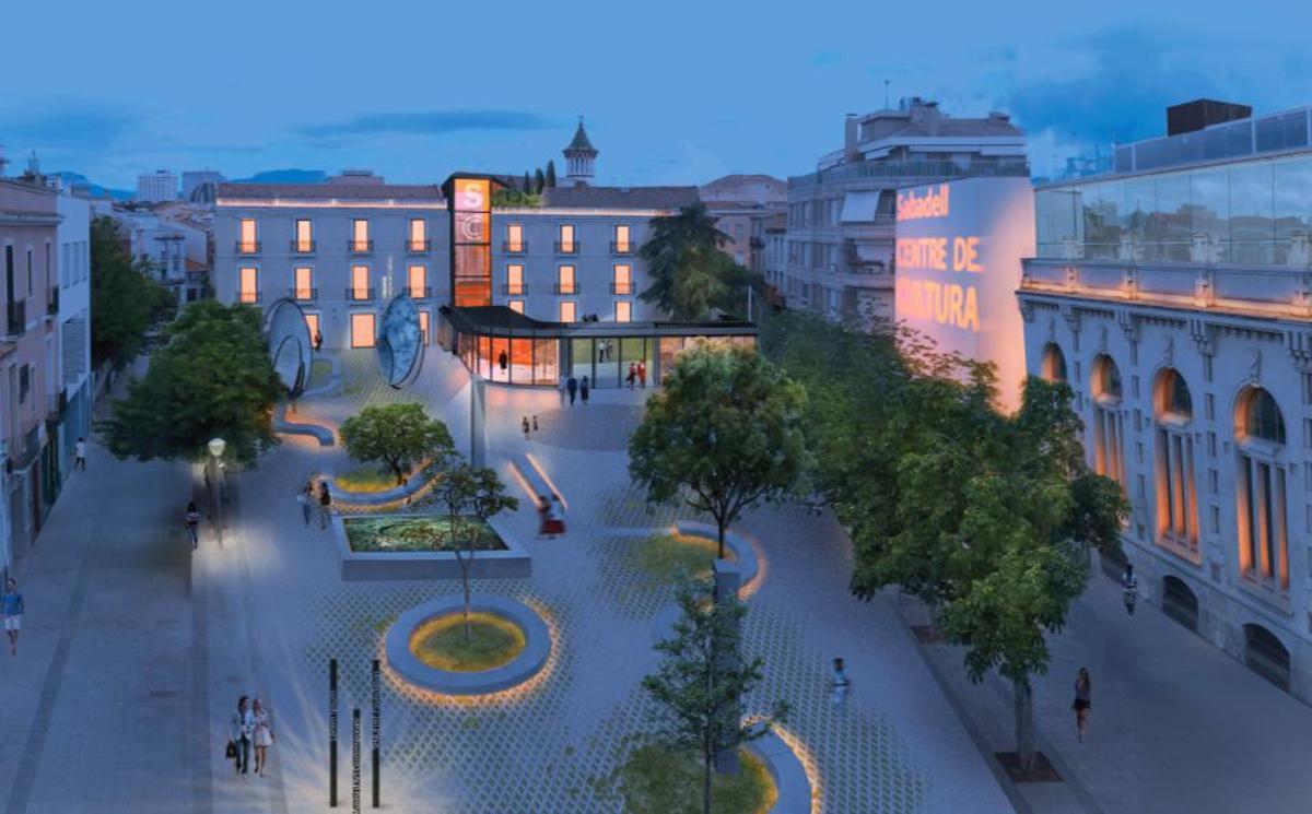 Recreación virtual de la plaza del Gas de Sabadell, donde Ayuntamiento y Banc Sabadell aspiran a crear un 'Centro de Cultura'.