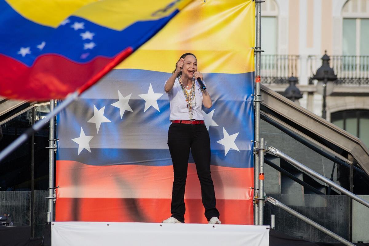 María Corina Machado, este sábado en la Puerta del Sol, en Madrid.