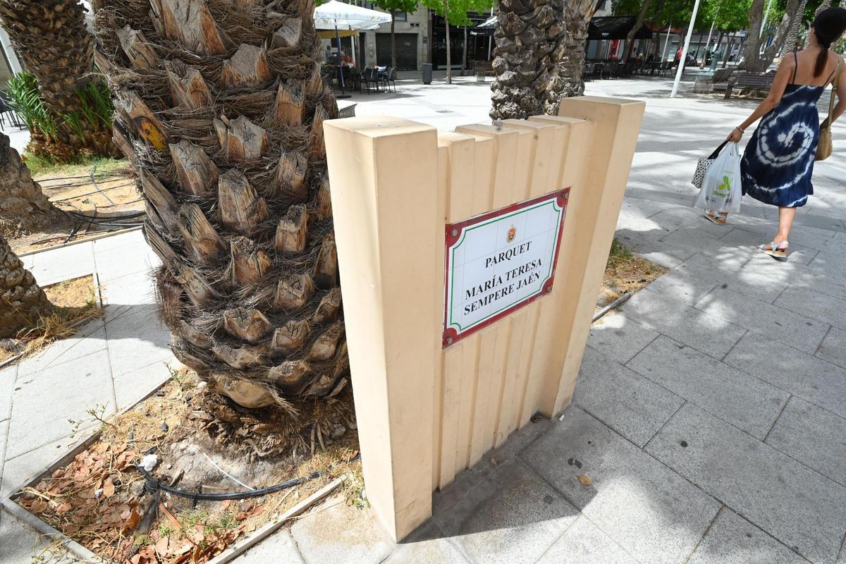 Placa del parque María Teresa Sempere Jaén y, a sus espaldas, el estado de algunas de las zonas.