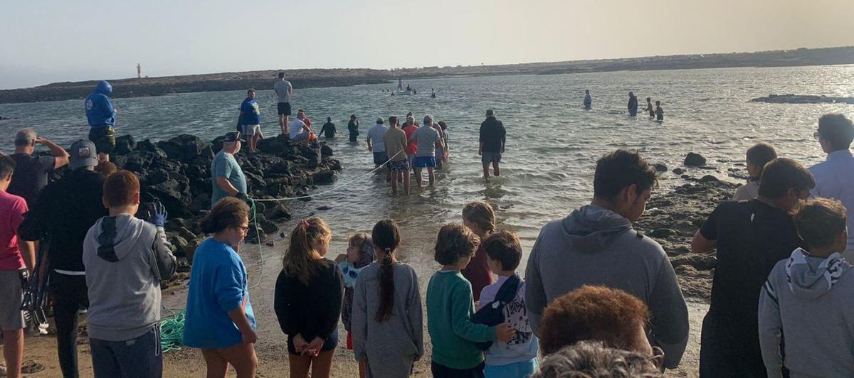 Momento en que los pescadores y vecinos comienzan a tirar del chinchorro en la zona de la cala de El Río. | | LP/DLP