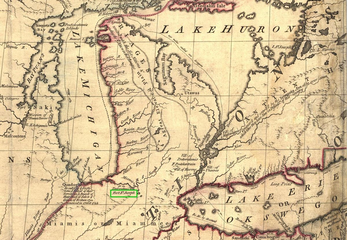 . Plano de la segunda mitad del XVIII de la región de los Grandes Lagos, con el Fuerte San José encuadrado en verde.