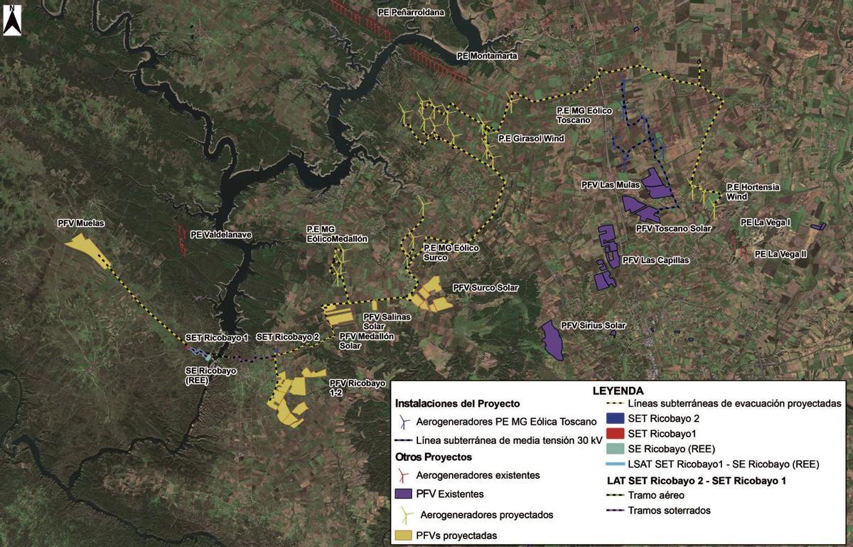 Situación de parques eólicos y solares en marcha y proyectados  en el área del norte de Zamora cercana al embalse de Ricobayo.  | PROYECTO TOSCANO SOLAR
