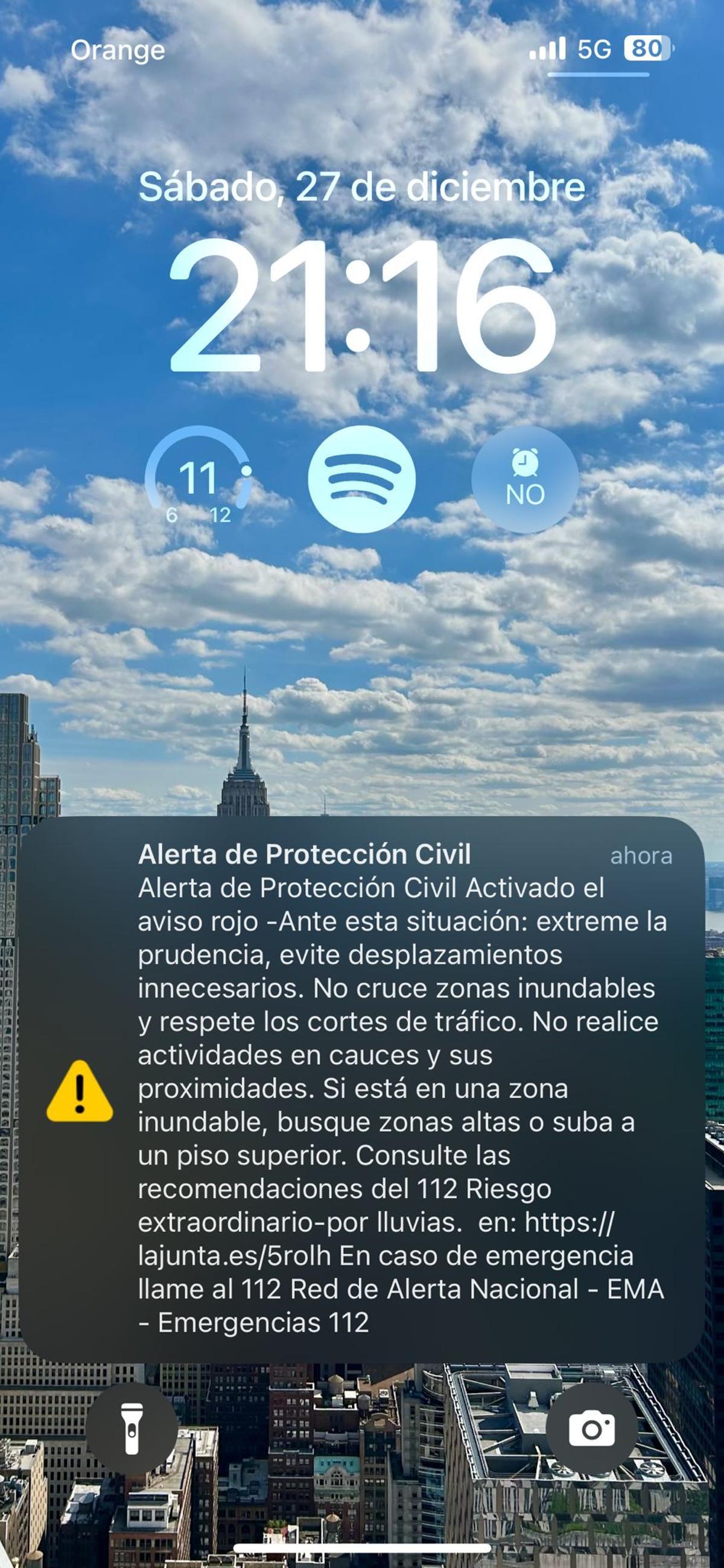 Mensaje masivo de Es-Alert a los móviles de los 27 municipios que componen la comarca meteorológica de Sol y Guadalhorce