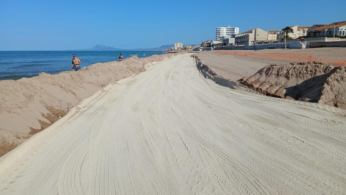 Arena viva situada de «colchón» en los trabajos de regeneración de la playa de Daimús.