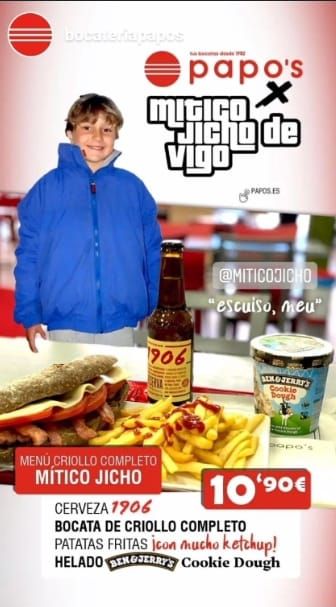 Cartel promocional con el nueve menú del Papo&#039;s en homenaje al Mítico Jicho de Vigo.