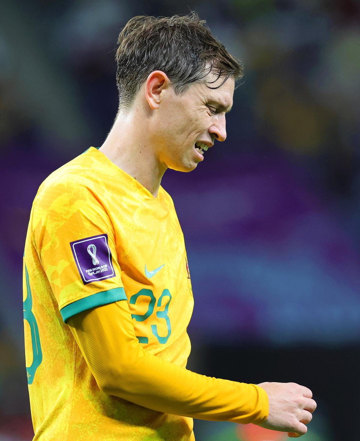 Al Wakrah (Qatar), 30/11/2022.- Craig Goodwin of Australia reacts during the FIFA World Cup 2022 group D soccer match between Australia and Denmark at Al Janoub Stadium in Al Wakrah, Qatar, 30 November 2022. (Mundial de Fútbol, Dinamarca, Catar) EFE/EPA/Abir Sultan