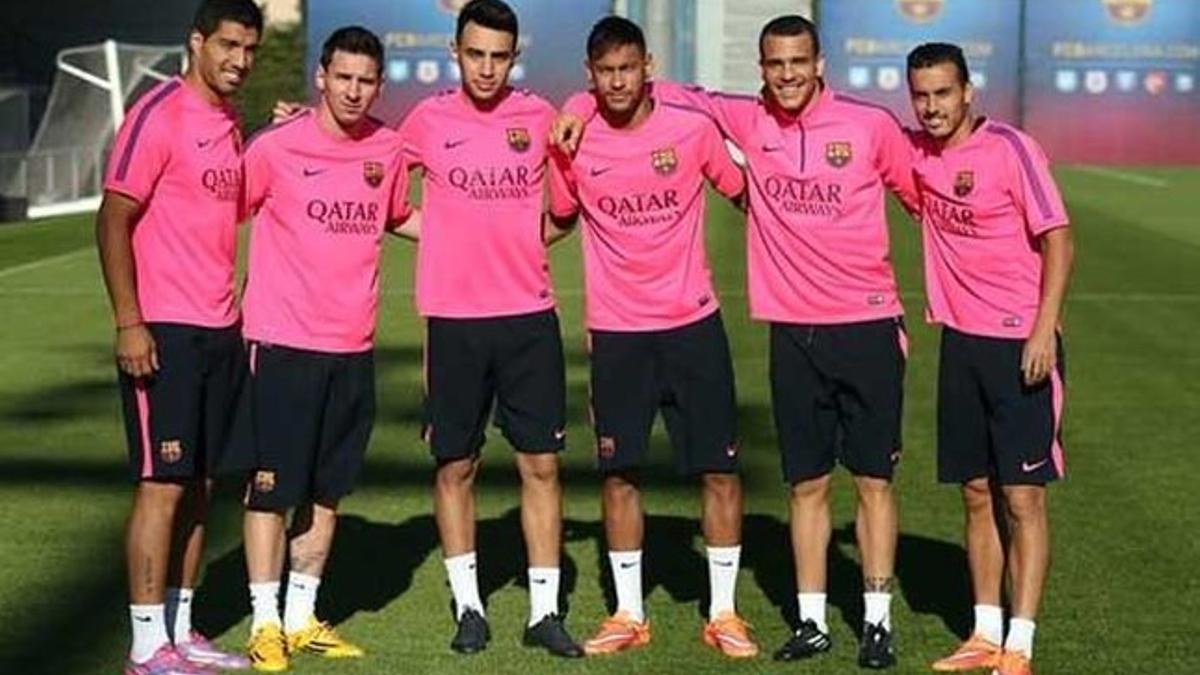 Luis Suárez, Messi, Munir, Neymar, Sandro y Pedro antes del entrenamiento del viernes