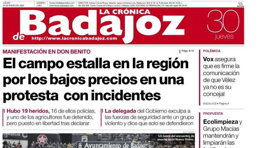 Esta es la portada de LA CRÓNICA DE BADAJOZ correspondiente al día 30 de enero del 2020