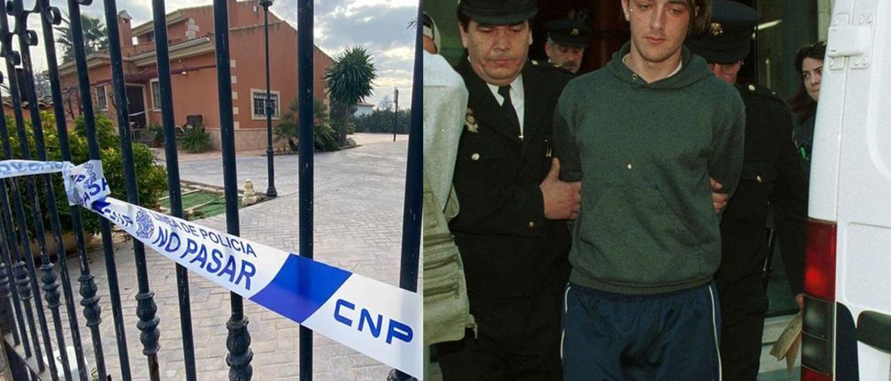 José Radabán, cuando fue arrestado; al lado, la casa del triple parricidio de Elche.