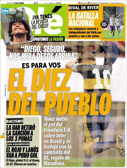 Portada OLÉ  jueves 3 diciembre 2020