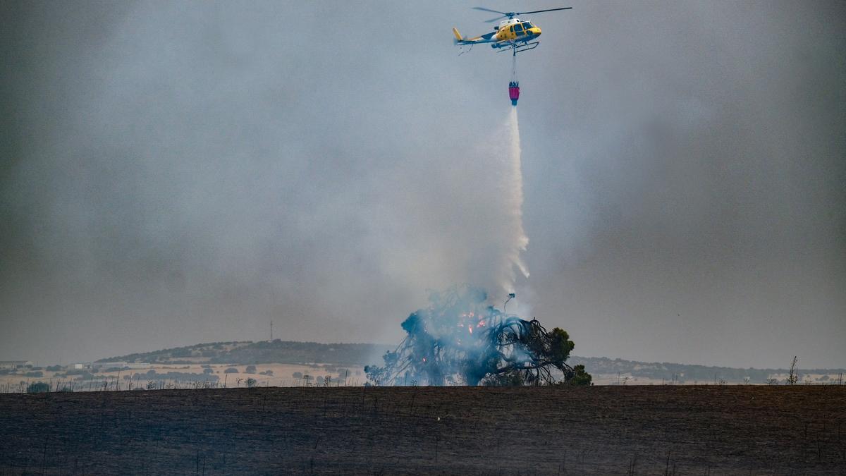 El helicóptero del Infoez vierte agua sobre un árbol ardiendo en el incendio de la finca La Cocosa.