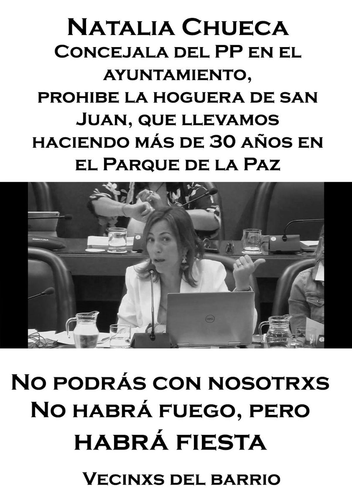 Cartel que se colocó en el barrio de Torrero contra la concejala Natalia Chueca